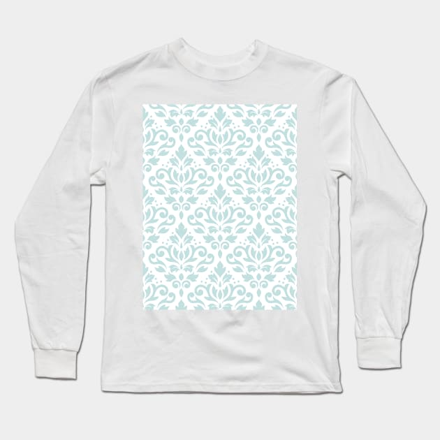 Scroll Damask Pattern Duck Egg Blue on White Long Sleeve T-Shirt by NataliePaskell